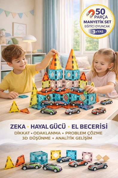50 Parça Manyetik Blok Seti – Eğitici Zeka Oyunu, 3D Yapı Oyuncak, 3+ Yaş ürün görseli 1
