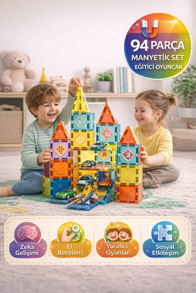 94 Parça Manyetik Blok Set – Eğitici Zeka Geliştirici Çocuk Oyuncak Yapı Oyunu 5,5 Cm ürün görseli 1