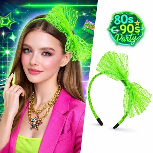 80’ler 90’lar Neon Yeşil Dantel Taç Fiyonklu mirSM0010K-SMRG140-Y ürün görseli 1