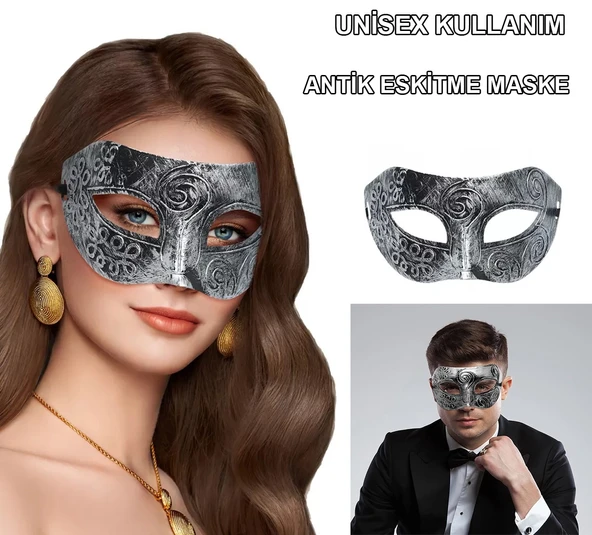 Gümüş Eskitme Yüz Maskesi - Antik Tarz Balo Maskesi mirSM0010K-SMR-G145 ürün görseli 1