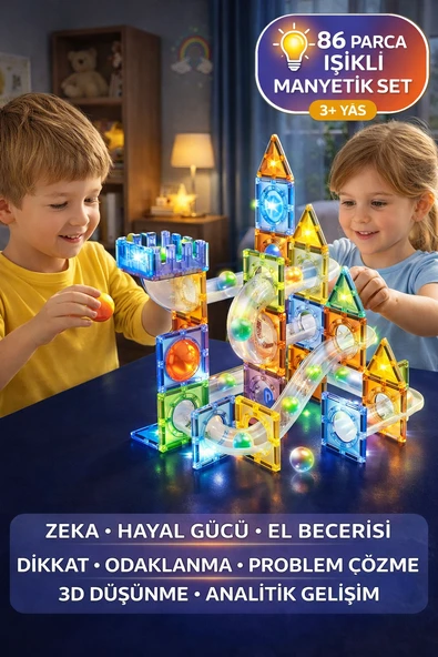 86 Parça Işıklı Manyetik Blok Seti 7.5cm – Marble Run Eğitici Oyuncak 3+ Yaş Zeka Oyunu ürün görseli 1