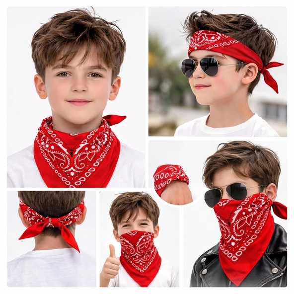 Kırmızı Kovboy Fuları Çocuk Bandana Western Desenli Boyun Fuları mirSM0010K-SMR-G066 ürün görseli 1