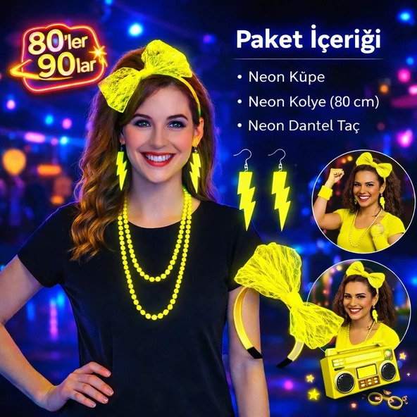 80’ler 90’lar Neon Sarı Parti Seti – Kolye Küpe Taç mirSM0010K-SMRG138G139G140-S ürün görseli 1
