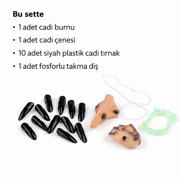 Cadı Aksesuar Seti – Burun, Çene, Fosforlu Diş Ve 10 Adet Siyah Tırnak mirSM0010K-E235-1 ürün görseli 1