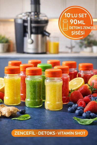 10’lu Turuncu Kapak Detox Zencefil Vitamin Shot Şişesi Kilitli Kapaklı Plastik Sağlık Şişesi 90 ml ürün görseli 1