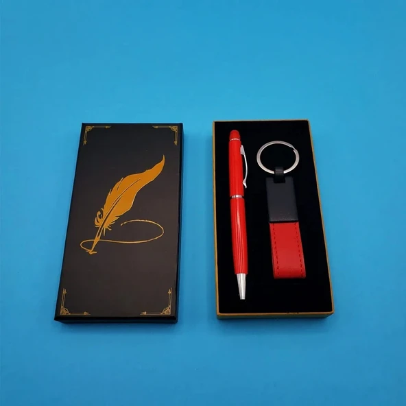 Kutulu Kırmızı Deri Anahtarlık ve Touchpen Tükenmez Kalem Hediye Seti ürün görseli 1