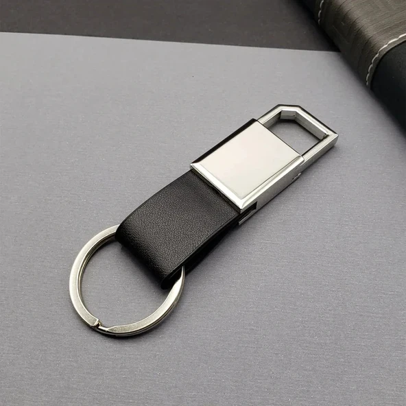 Deri Siyah Gümüş Metal Anahtarlık ürün görseli 1