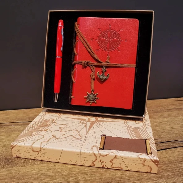 Kırmızı Pusula Tasarım Deri Defter Ve Touchpen Kalem Seti ürün görseli 1