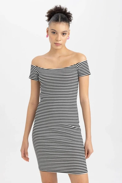 Defacto Bodycon Kayık Yaka Fitilli Kaşkorse Mini Kısa Kollu Elbise A7363ax23sm ürün görseli 1
