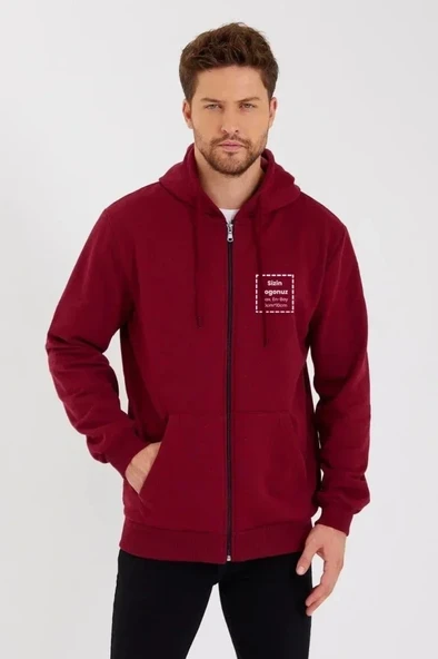 Unisex Tam Fermuarlı Kapşonlu Özel Tasarım SweatShirt - Bordo ürün görseli 1
