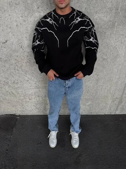 Yıldırım Baskılı Bisiklet Yaka SweatShirt - Siyah ürün görseli 1