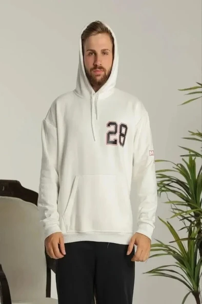 Erkek Sırt Baskılı Oversize Üç İplik Kapüşonlu Sweatshirt - Beyaz ürün görseli 1