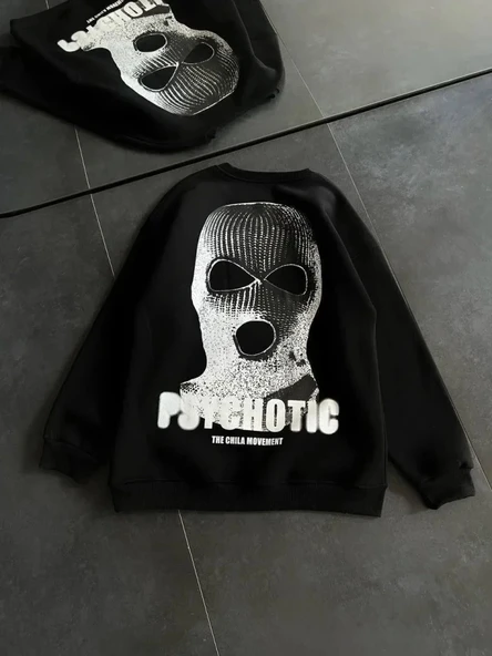Kışlık Bisiklet Yaka Baskılı SweatShirt - Siyah ürün görseli 1