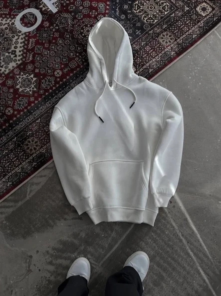 Kapşonlu Üç İplik Penye Basic SweatShirt - Beyaz - Resim 2