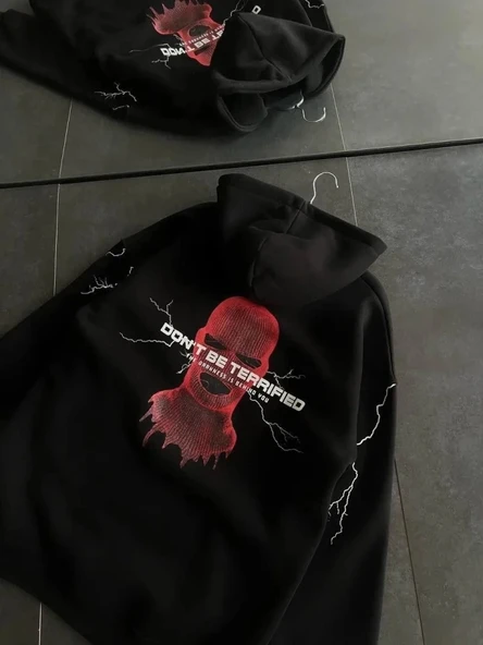 Üç İplik Kapşonlu Baskılı Oversize SweatShirt- Siyah ürün görseli 1