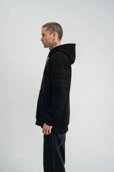 Double Oversize Kapşonlu Nakışlı SweatShirt - Siyah - Resim 4