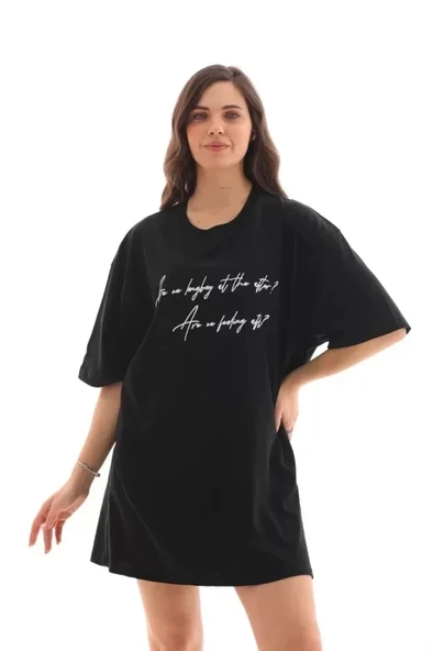 Unisex Bisiklet Yaka Baskılı Oversize T-Shirt - Siyah ürün görseli 1