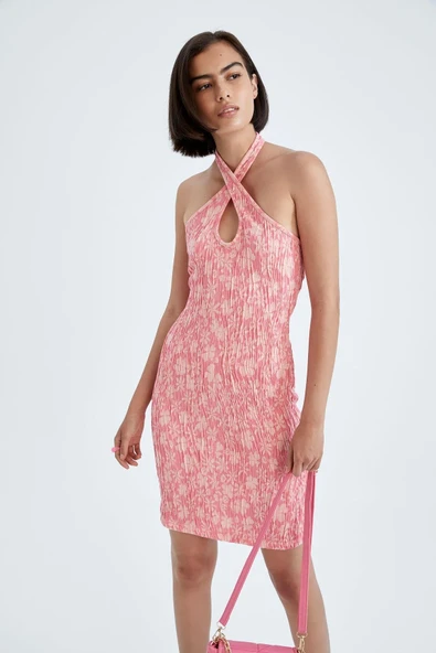 Defacto Bodycon Wrap Yaka Çiçekli Jakar Mini Elbise Y4853az22sm ürün görseli 1