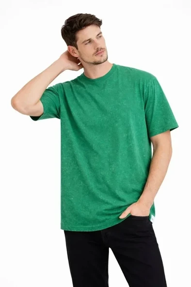 Erkek Asit Yıkama Bisiklet Yaka Kısa Kollu Oversize T-Shirt Tişört - Yeşil ürün görseli 1