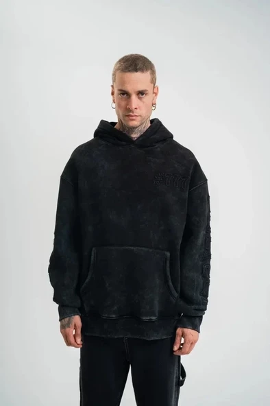 Unisex Uzun Kol Kapşonlu Yıkamalı Nakışlı SweatShirt - Siyah ürün görseli 1