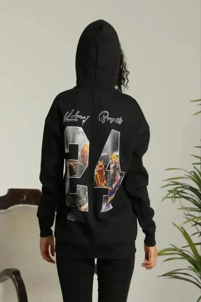 Baskılı Oversize Üç İplik Kapüşonlu Sweatshirt - Siyah ürün görseli 1