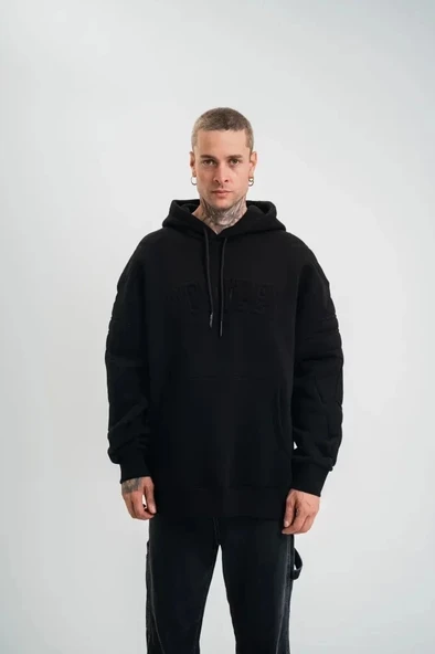 Double Oversize Kapşonlu Nakışlı SweatShirt - Siyah ürün görseli 1