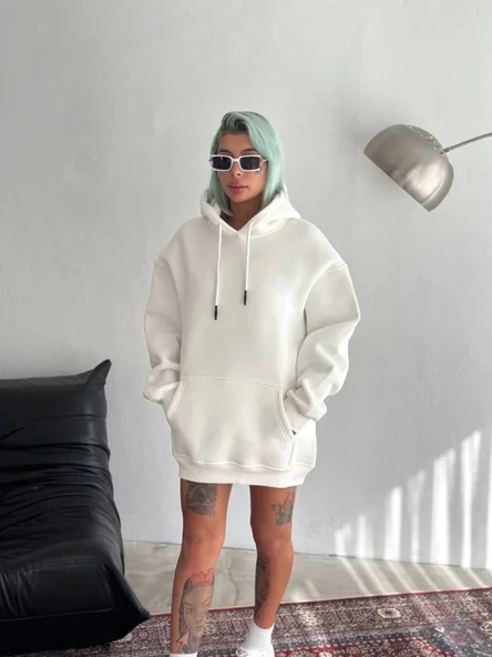 Kapşonlu Üç İplik Penye Basic SweatShirt - Beyaz ürün görseli 1
