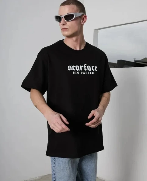 Unisex Bisiklet Yaka Baskılı Oversize T-Shirt - Siyah ürün görseli 1