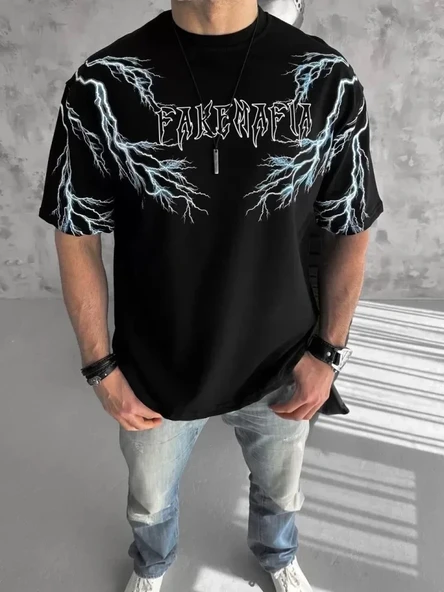 Unisex Bisiklet Yaka Baskılı Oversize T-Shirt-Siyah ürün görseli 1