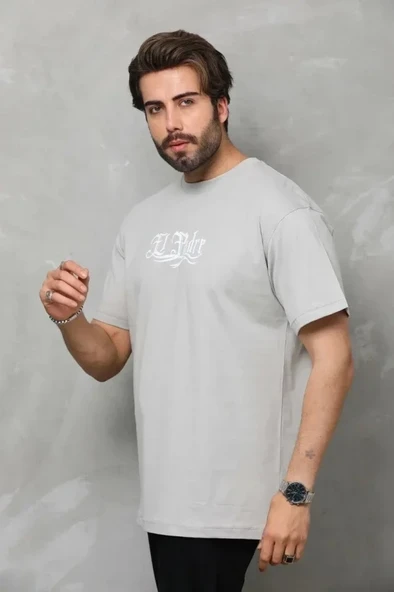 Unisex Bisiklet Yaka Baskılı Oversize T-Shirt - Gri ürün görseli 1
