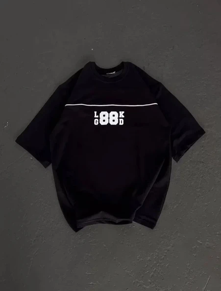 Unisex Bisiklet Yaka Baskılı Oversize T-Shirt - Siyah ürün görseli 1