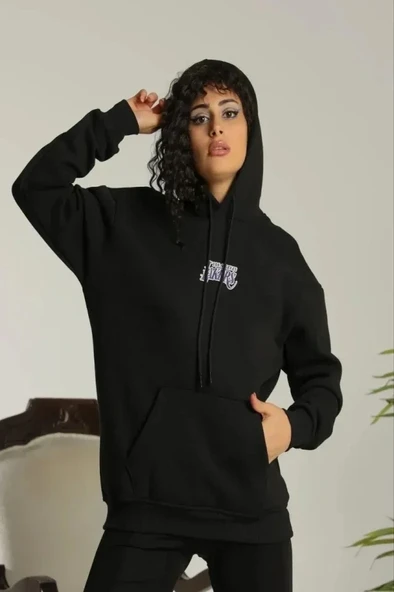 Baskılı Oversize Üç İplik Kapüşonlu Sweatshirt - Siyah - Resim 2