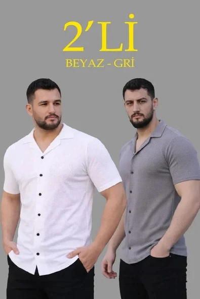 Erkek Waffle Dokuma Açık Yakalı Düğmeli Regular Kalıp 2’li Gömlek Seti - Beyaz - Gri ürün görseli 1