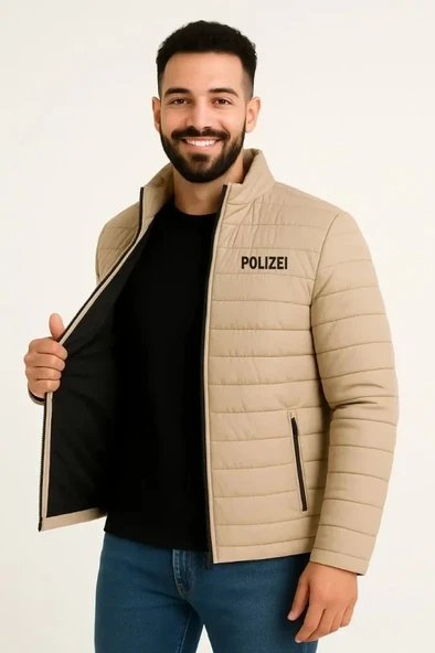 Erkek Mikro Su İtici Kapitone Baskılı Astarlı Fermuarlı Bomber Mont - Bej ürün görseli 1