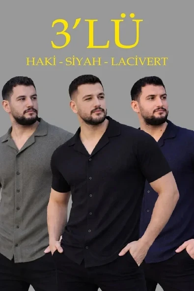 Erkek Waffle Dokuma Açık Yakalı Düğmeli Regular Kalıp 3’lü Gömlek Seti - Siyah, Haki, Lacivert ürün görseli 1