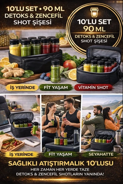 10’lu Siyah Kapak Detox Zencefil Vitamin Shot Şişesi I Kilitli Kapaklı Plastik Sağlık Şişesi 90 ml ürün görseli 1