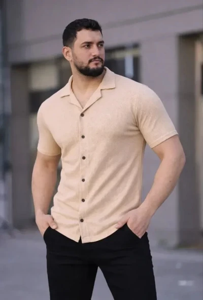 Erkek Waffle Kumaş Kısa Kollu Düğmeli Açık Yaka Regular Fit Gömlek - Bej ürün görseli 1