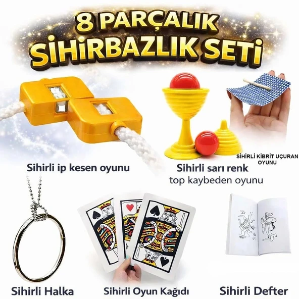 8’li Sihirbazlık Seti (Kibrit, Defter, Halka, Kupa, İp, 3’lü Kart) ürün görseli 1
