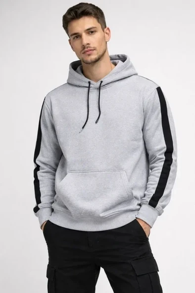 Erkek Şeritli Kapüşonlu Sweatshirt Oversize 3 Iplik Pamuklu - Beyaz ürün görseli 1