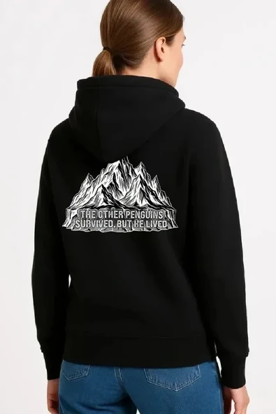 Nihilist Penguen Temalı Oversize Kapüşonlu Sweatshirt - Siyah - Resim 2