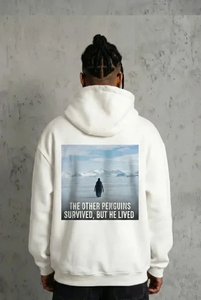 Siyah Oversize Hoodie - Sırt Baskılı Survivor Penguin Temalı, Felsefi Yazılı Kapüşonlu Sweatshirt - Beyaz ürün görseli 1