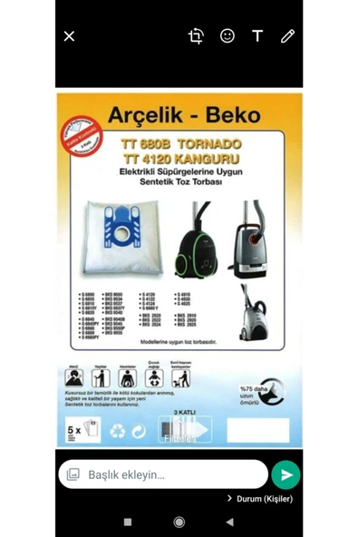 Arçelik Beko Tt680 Uyumlu  Toz Torbası ürün görseli 1