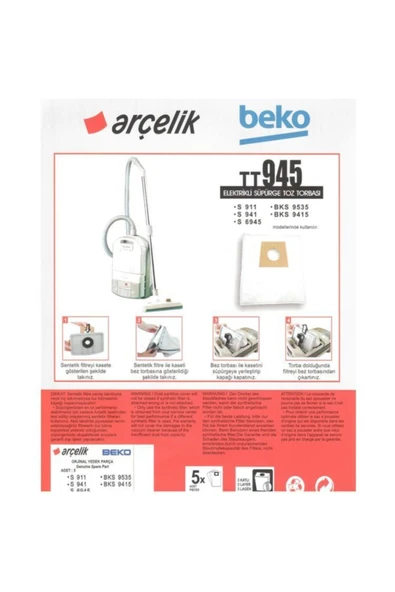 Arçelik S 6945 Süpürge Modeli 5 Adet Toz Torbası Tt945. ürün görseli 1