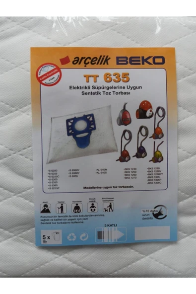 Arçelik - Beko Bks 1325 P Tt 635 Elektrikli Süpürge Sentetik Toz Torbası (5 Adet) ürün görseli 1