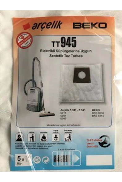Arçelik Tt945 Elektrikli Süpürge Sentetik Toz Torbası 5 Li Paket 1. Kalite ürün görseli 1