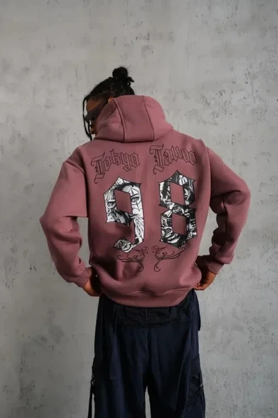 Erkek 98 Baskılı Kapşonlu Sweat - Gül Kurusu - Resim 4