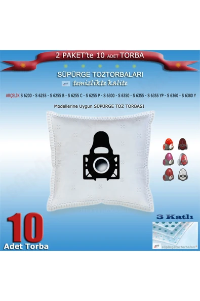 Arçelik ARÇELİK S 6200 - S 6255 - S 6255 B - S 6255 C - S 6255 P Uygun 10 adet Süpürge Toz torbası 200720 ürün görseli 1