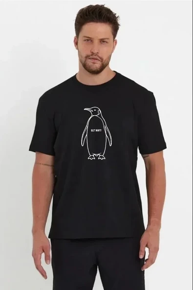 Erkek Nihilist Penguen Özel Tasarım Oversize Bisiklet Yaka Tişört - Siyah ürün görseli 1