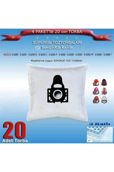 Arçelik ARÇELİK S 6300 - S 6350 - S 6355 - S 6355 YP - S 6360 - S 6380 Y Süpürge Toz torbası 20 adet 200720 ürün görseli 1