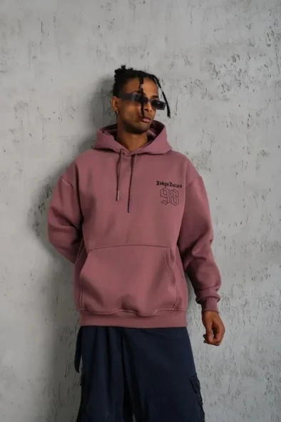 Erkek 98 Baskılı Kapşonlu Sweat - Gül Kurusu - Resim 3